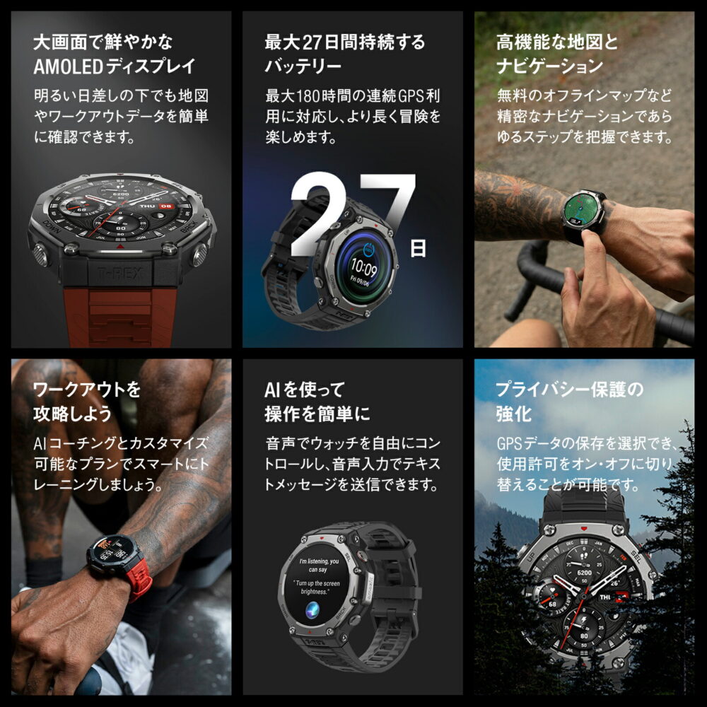 アマズフィット Amazfit T-Rex3 sp170069-C218 オニキス ブラック 時計 腕時計 スマートウォッチ ランニング スポーツ トレッキング - 画像 (3)