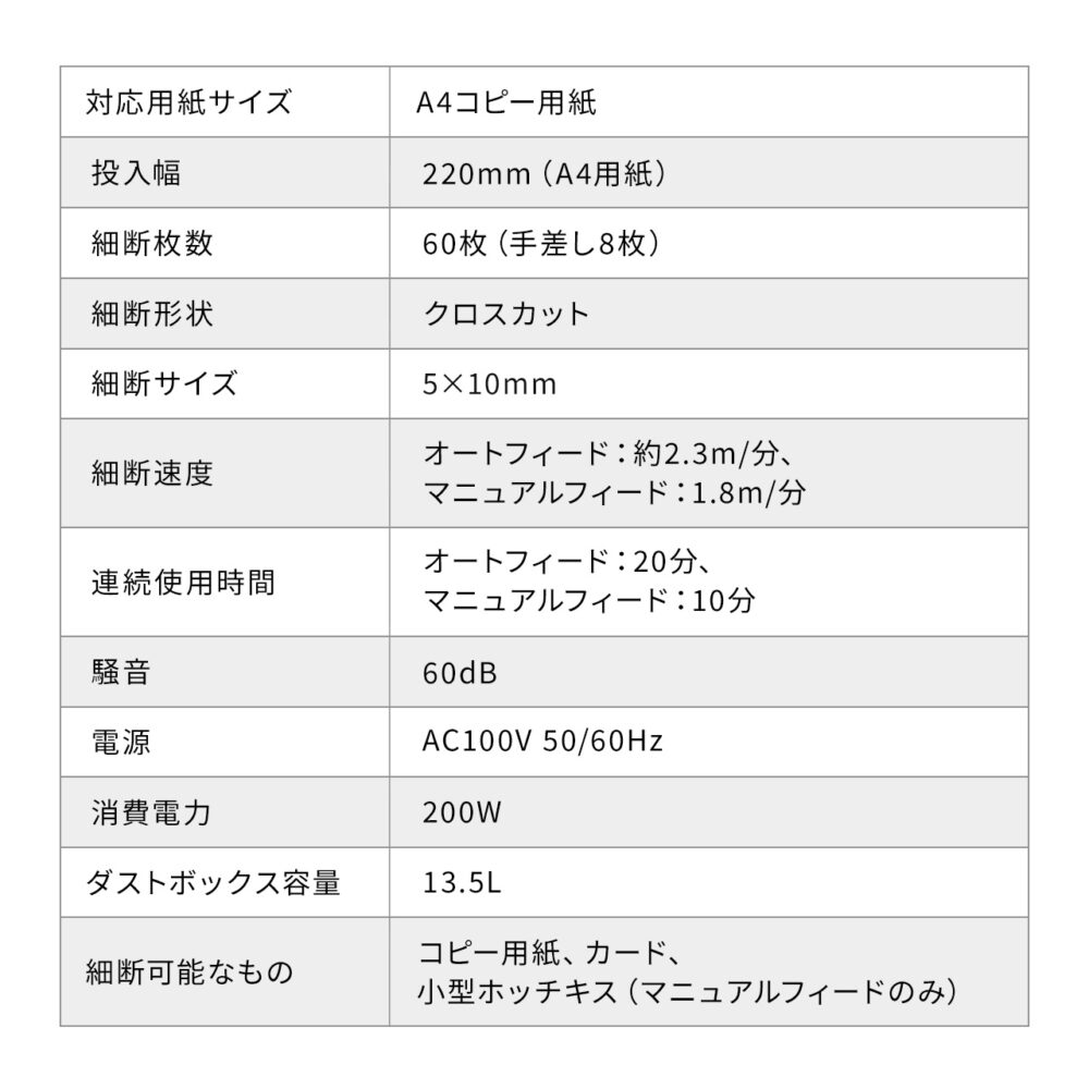 シュレッダー 業務用 コンパクト オートフィード 家庭用 電動 自動細断 オート A4 60枚 連続給紙 自動給紙 クロスカット 5×10mm 手差し細断8枚 カード細断 13.5L ホッチキス ゴミ袋 オートフィードシュレッダー シュレッター 大容量 ホチキス 対応 - 画像 (15)