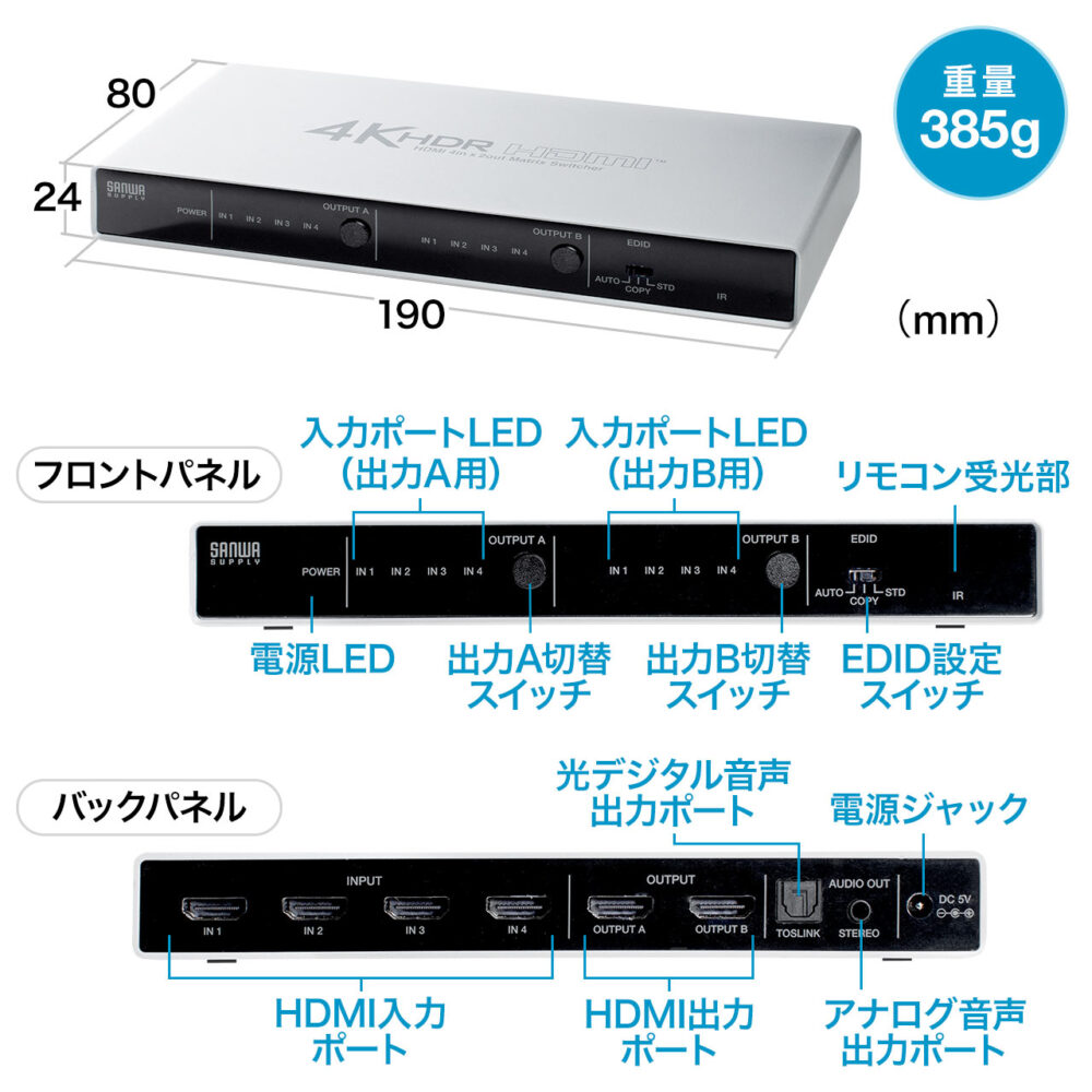 HDMI 切替器 4K 60Hz マトリックス機能 リモコン 4入力2出力 HDR HDCP2.2 光デジタル マトリクス PS5 PS4 Nintendo Switch - 画像 (17)