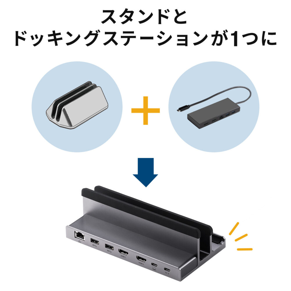 ドッキングステーション Type-C HDMI 2ポート搭載 USB-C LAN スタンド型 縦置き トリプルディスプレイ ダブルディスプレイ クラムシェル スタンド一体型 ノートパソコンスタンド PCスタンド USBハブ 4K 60Hz PD100W - 画像 (4)