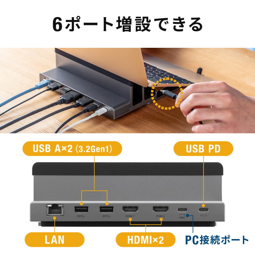 ドッキングステーション Type-C HDMI 2ポート搭載 USB-C LAN スタンド型 縦置き トリプルディスプレイ ダブルディスプレイ クラムシェル スタンド一体型 ノートパソコンスタンド PCスタンド USBハブ 4K 60Hz PD100W - 画像 (6)