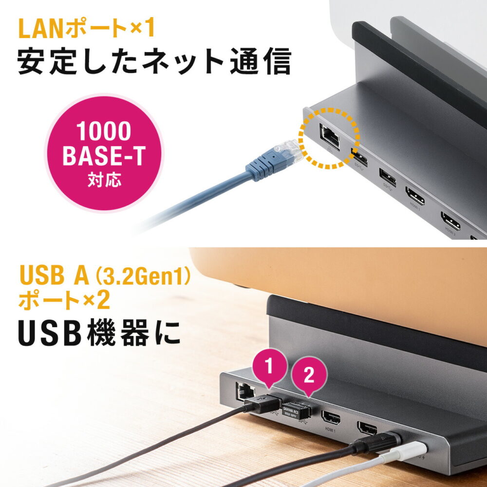 ドッキングステーション Type-C HDMI 2ポート搭載 USB-C LAN スタンド型 縦置き トリプルディスプレイ ダブルディスプレイ クラムシェル スタンド一体型 ノートパソコンスタンド PCスタンド USBハブ 4K 60Hz PD100W - 画像 (10)